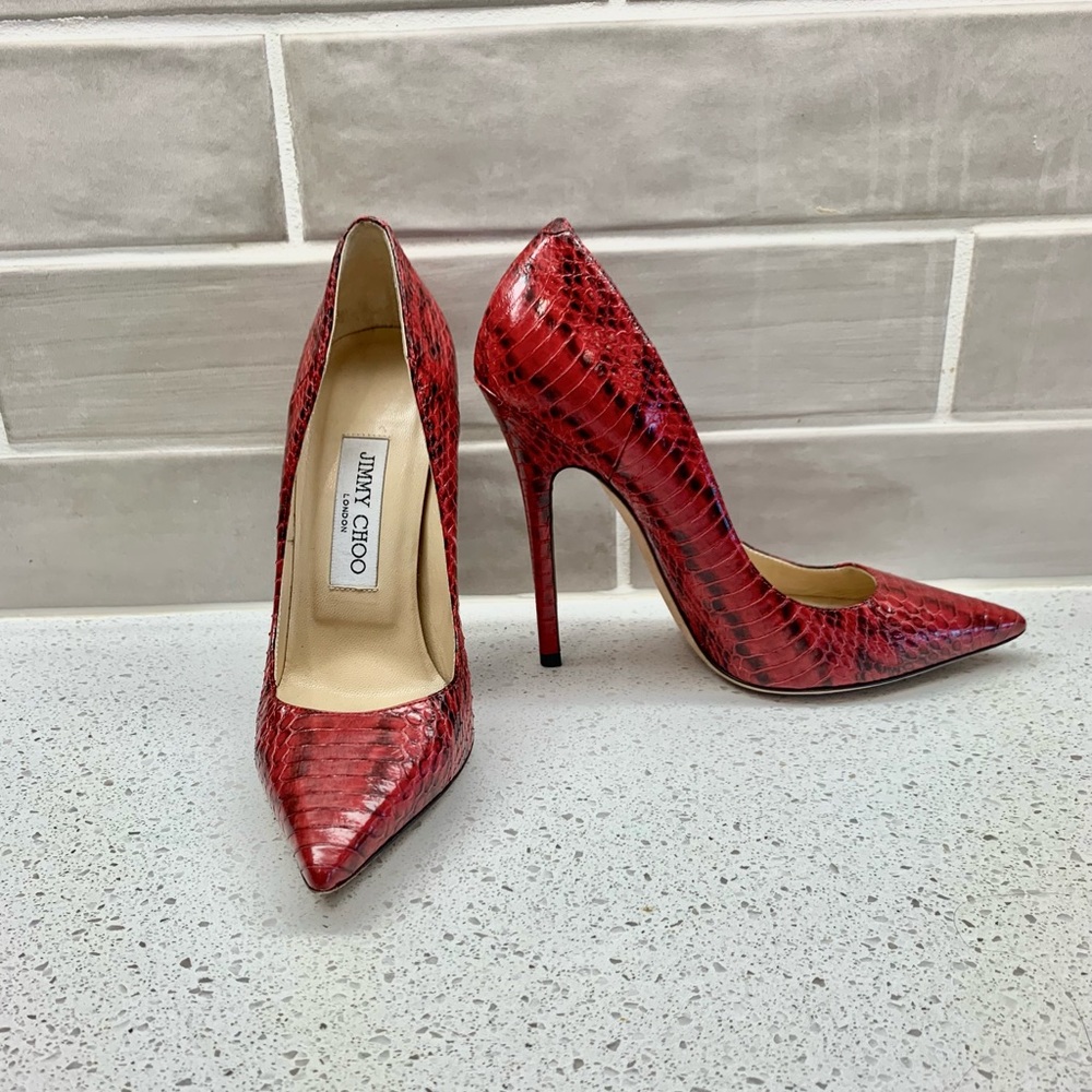 JIMMY CHOO Snakeskin Blk/Red Stiletto Pumps